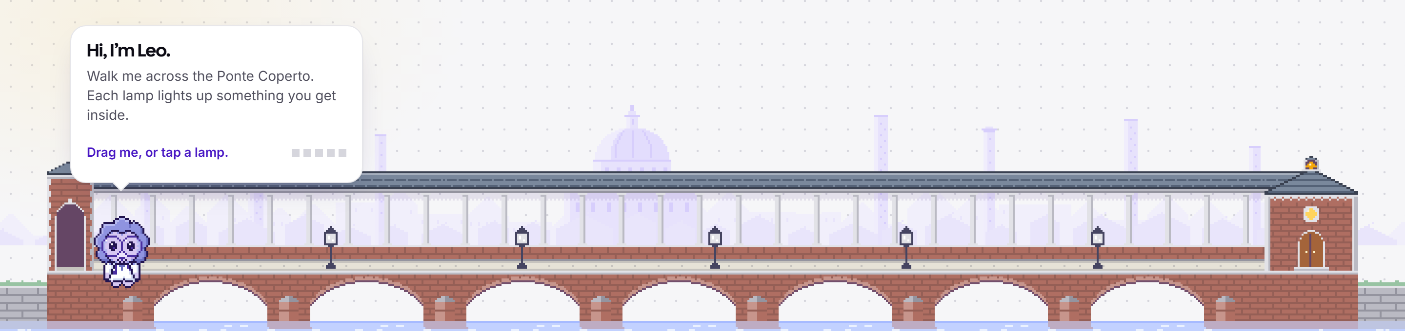 Pavia’s Ponte Coperto in pixel art, its lamps unlit