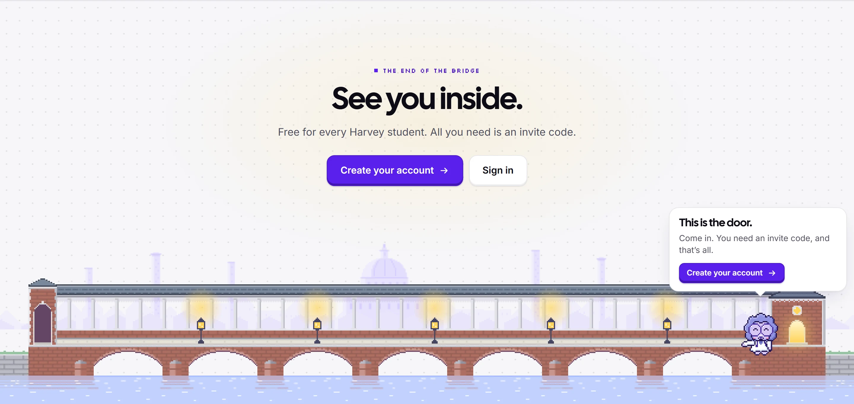 The end of the bridge on the live Harvey site: every lamp lit, Leo at the door