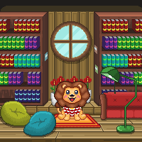LionBot pixel art: a lion in his library room